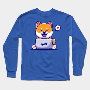 Cute Shiba Inu Dog Working On Laptop Cartoon Long Sleeve T-Shirt